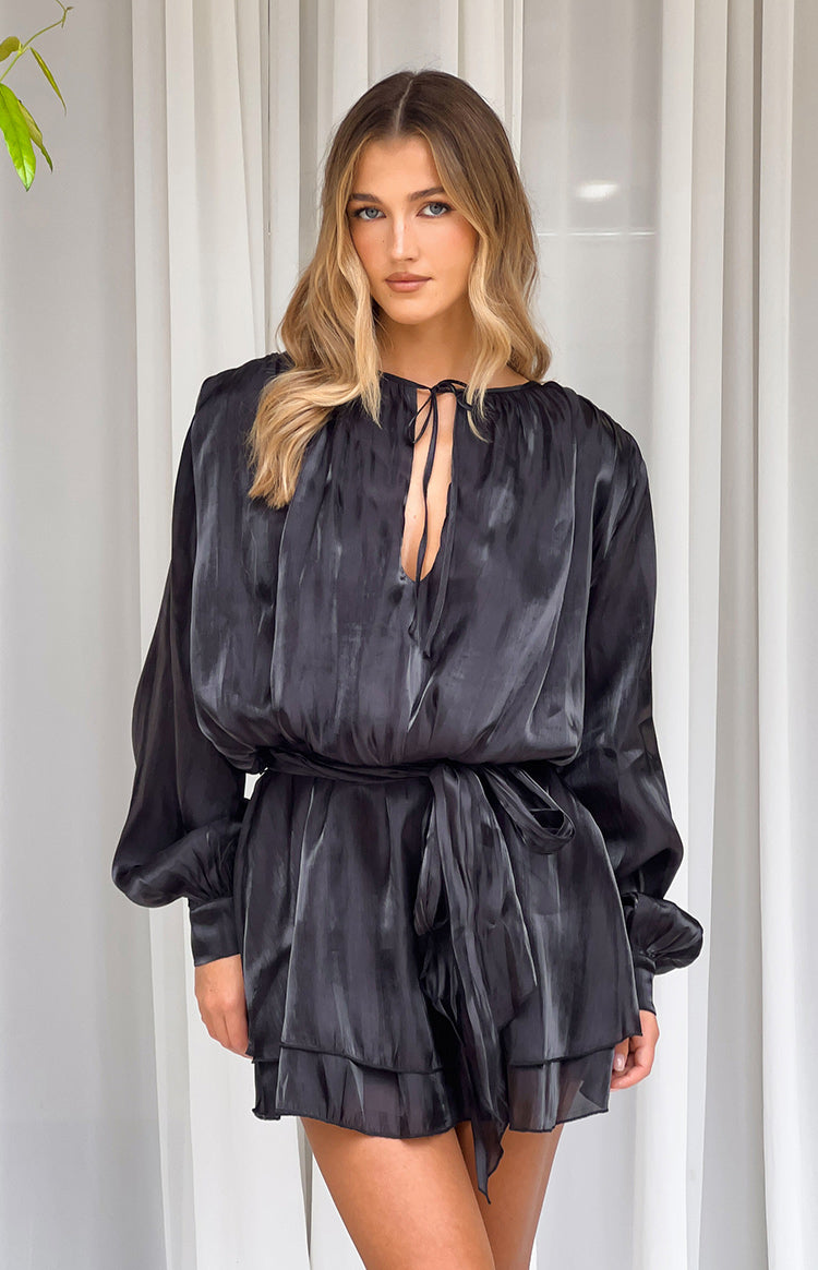 Quinton Black Satin Long Sleeve Tie Mini Dress — 2