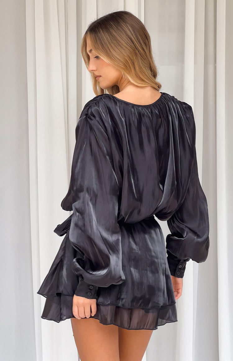 Quinton Black Satin Long Sleeve Tie Mini Dress — 3