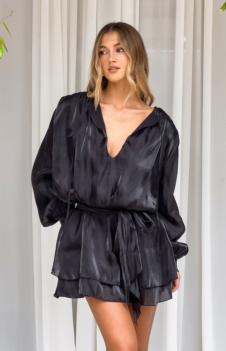 Quinton Black Satin Long Sleeve Tie Mini Dress — 4