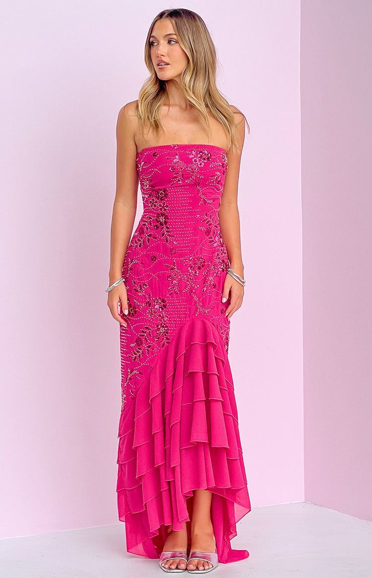 Khai Pink Ruffle Maxi Scarf Beaded Dress — 2