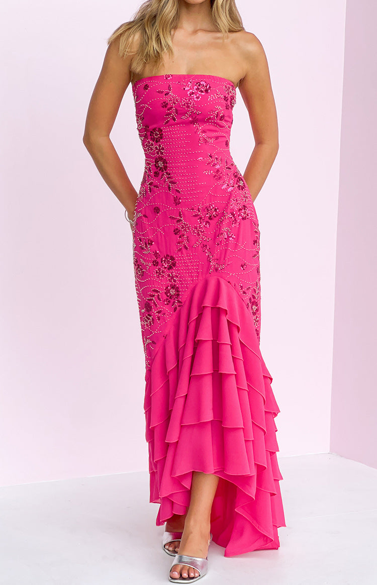 Khai Pink Ruffle Maxi Scarf Beaded Dress — 3