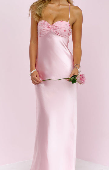 Chilli Pink Beaded Bust Satin Maxi Dress — 1