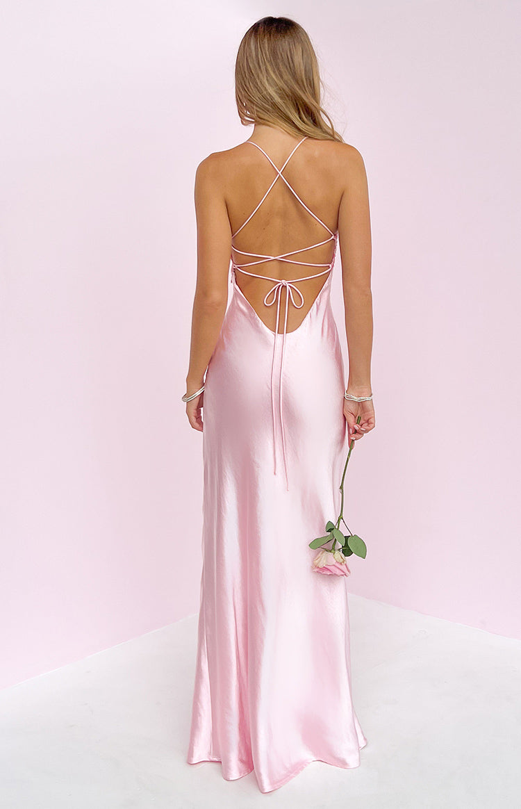 Chilli Pink Beaded Bust Satin Maxi Dress — 2