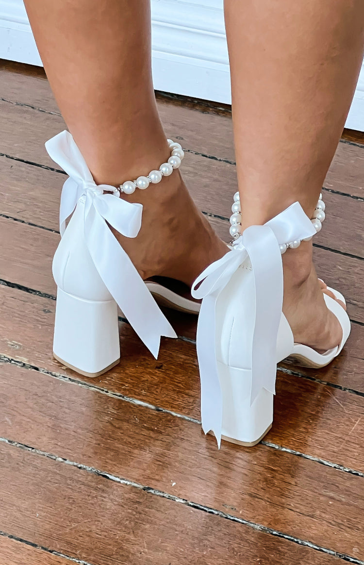 Sansa White Ribbon Pearl Detail Block Heels — 3
