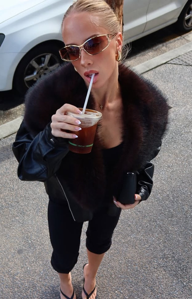 Dolci Black Fur Collar PU Jacket — 1