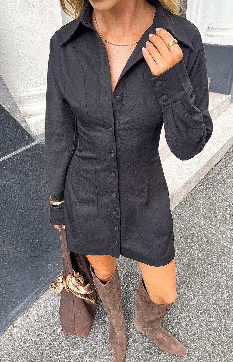 Rena Black Long Sleeve Fitted Mini Dress — 2