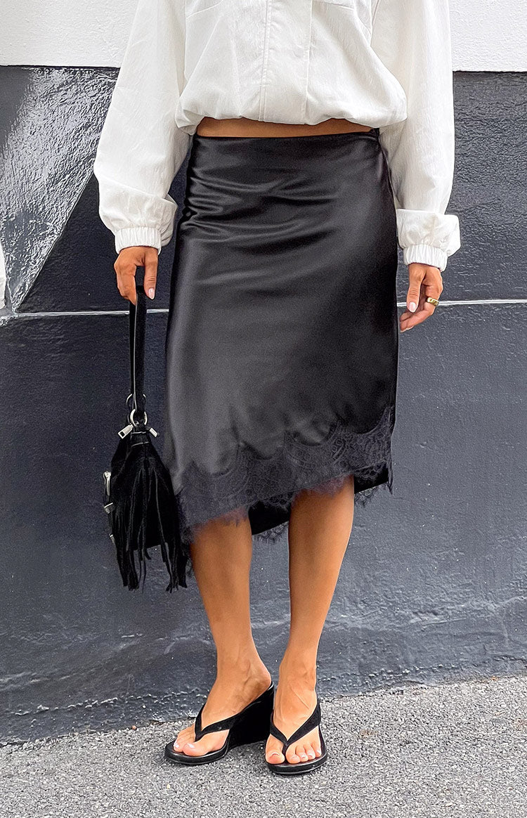 Martha Black Satin Lace Trim Midi Skirt — 2
