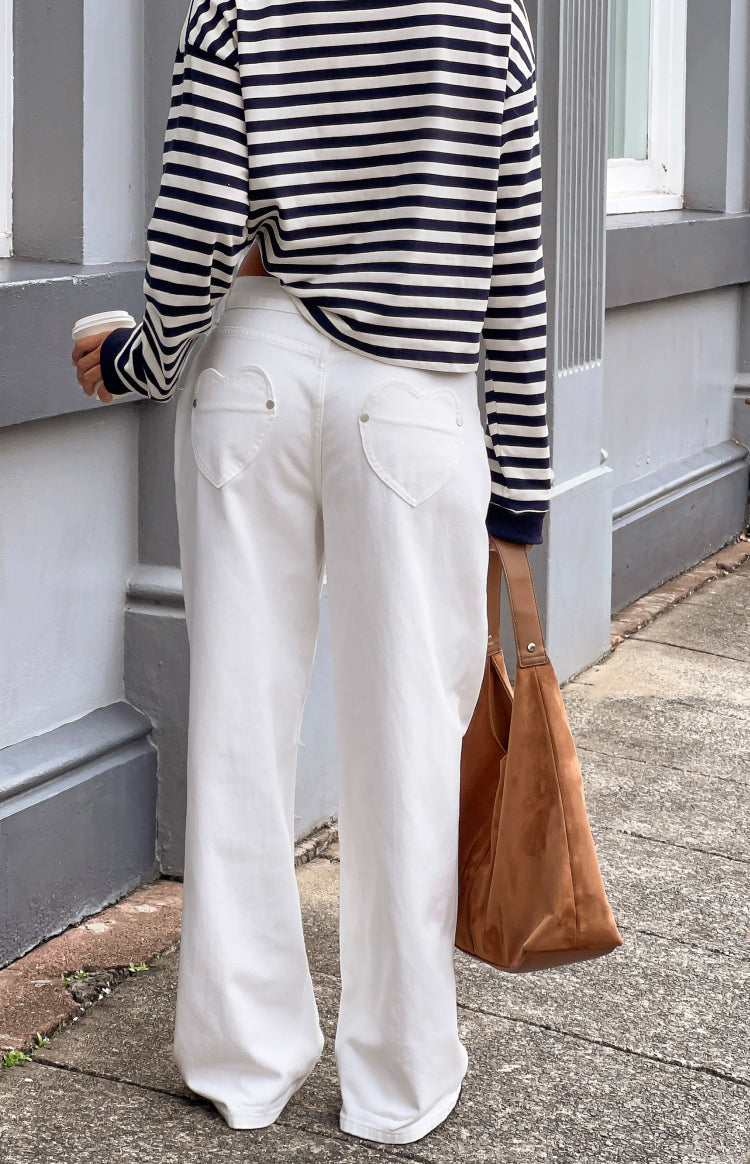 Lovers Lane White Denim Heart Pocket Slouchy Jeans — 1