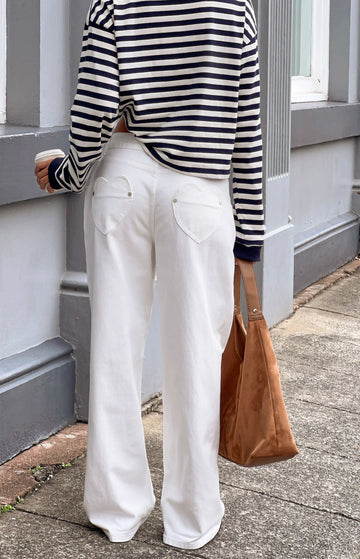 Lovers Lane White Denim Heart Pocket Slouchy Jeans — 1
