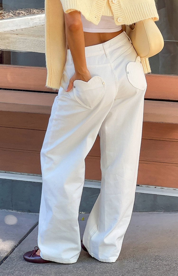 Lovers Lane White Denim Heart Pocket Slouchy Jeans — 5