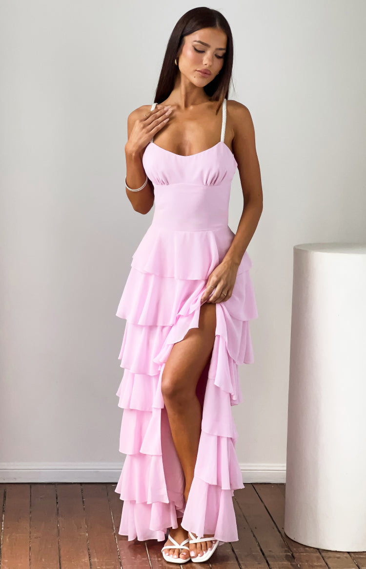 Felicity Pink Pearl Strap Ruffle Maxi Dress — 1