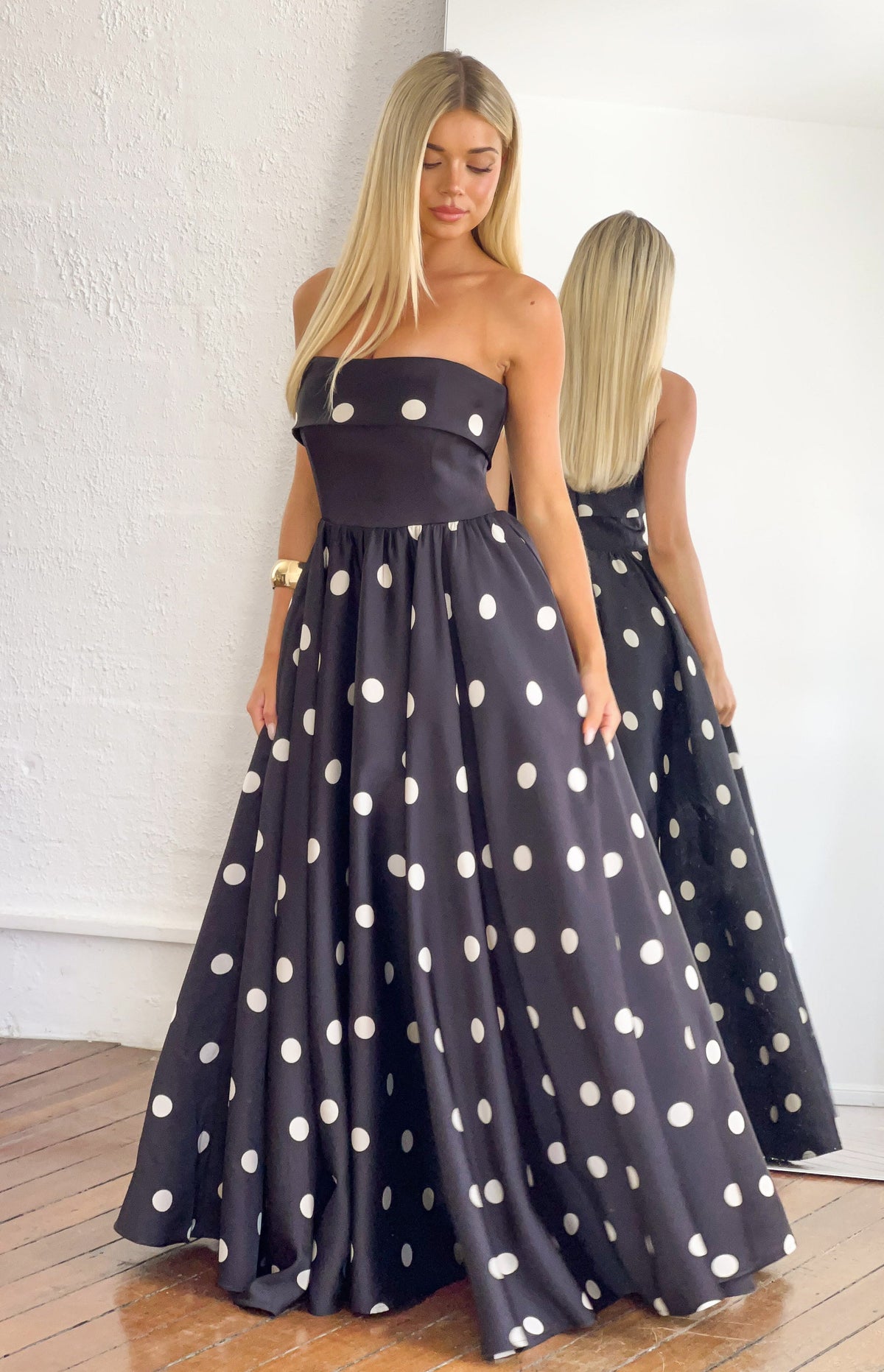 Julianne Strapless Polka Dot Satin Maxi Dress — 1