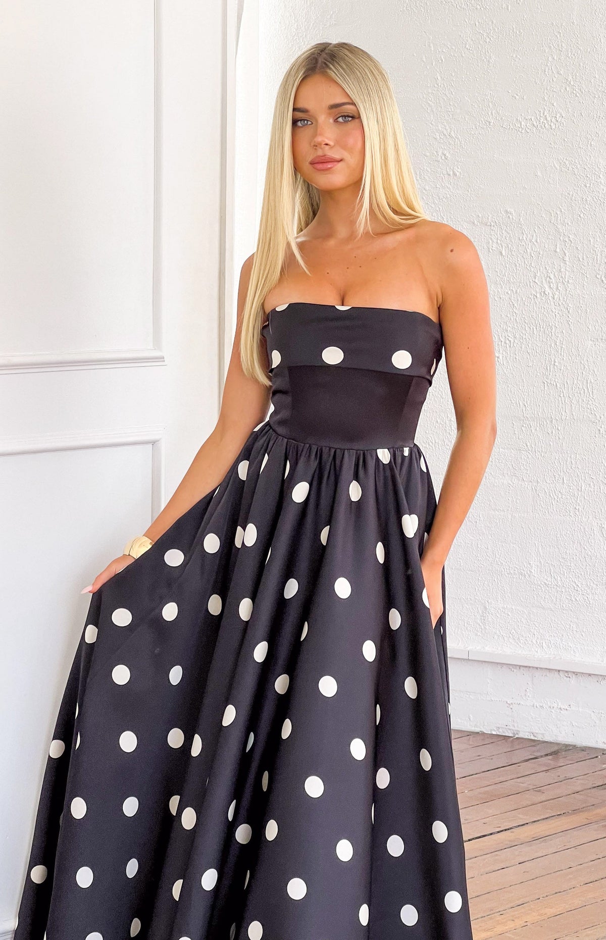 Julianne Strapless Polka Dot Satin Maxi Dress — 2