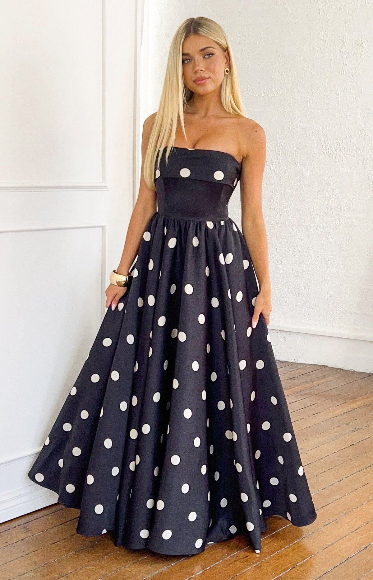 Julianne Strapless Polka Dot Satin Maxi Dress — 3