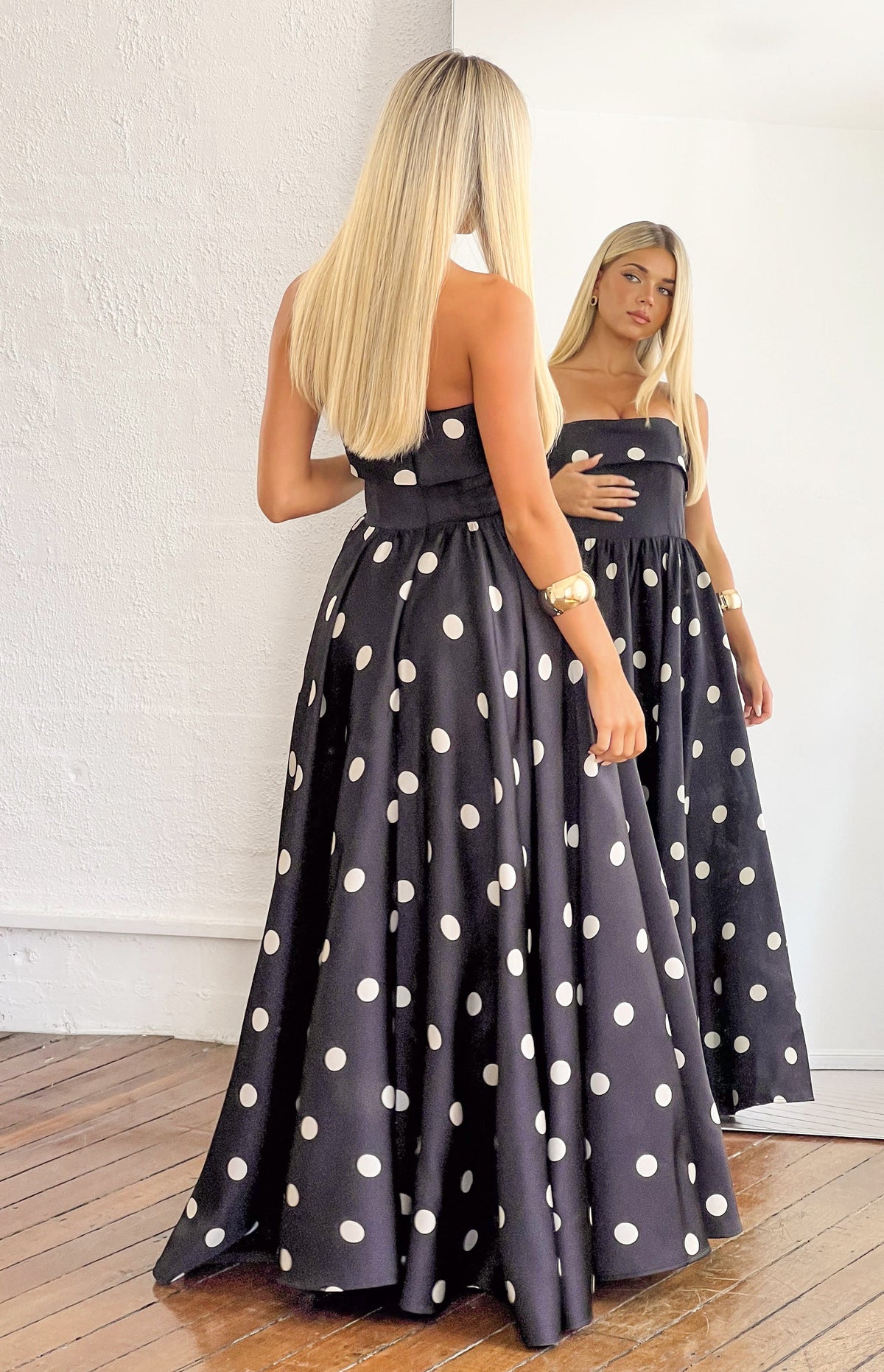 Julianne Strapless Polka Dot Satin Maxi Dress — 4