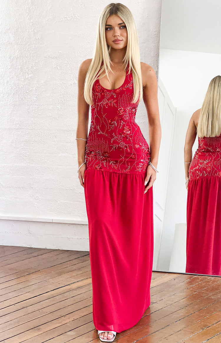Aella Red Beaded Halter Maxi Dress — 1