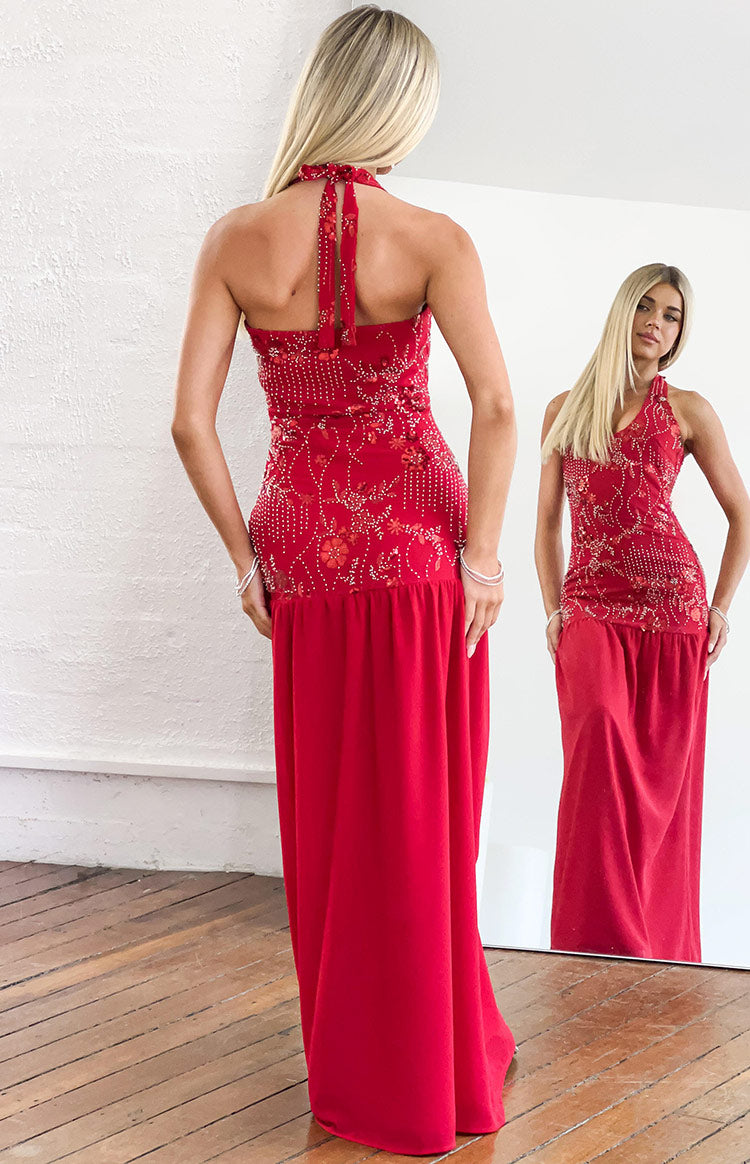 Aella Red Beaded Halter Maxi Dress — 3