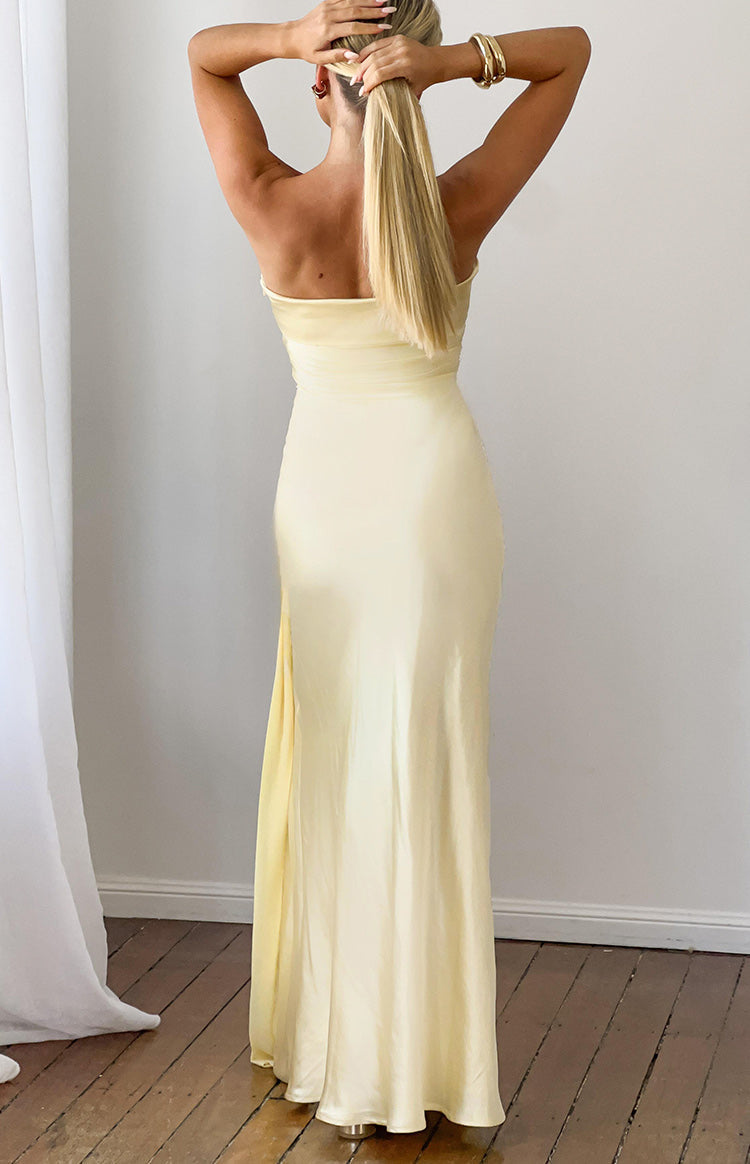 Novie Yellow Tie Detail Satin Strapless Maxi Dress — 3