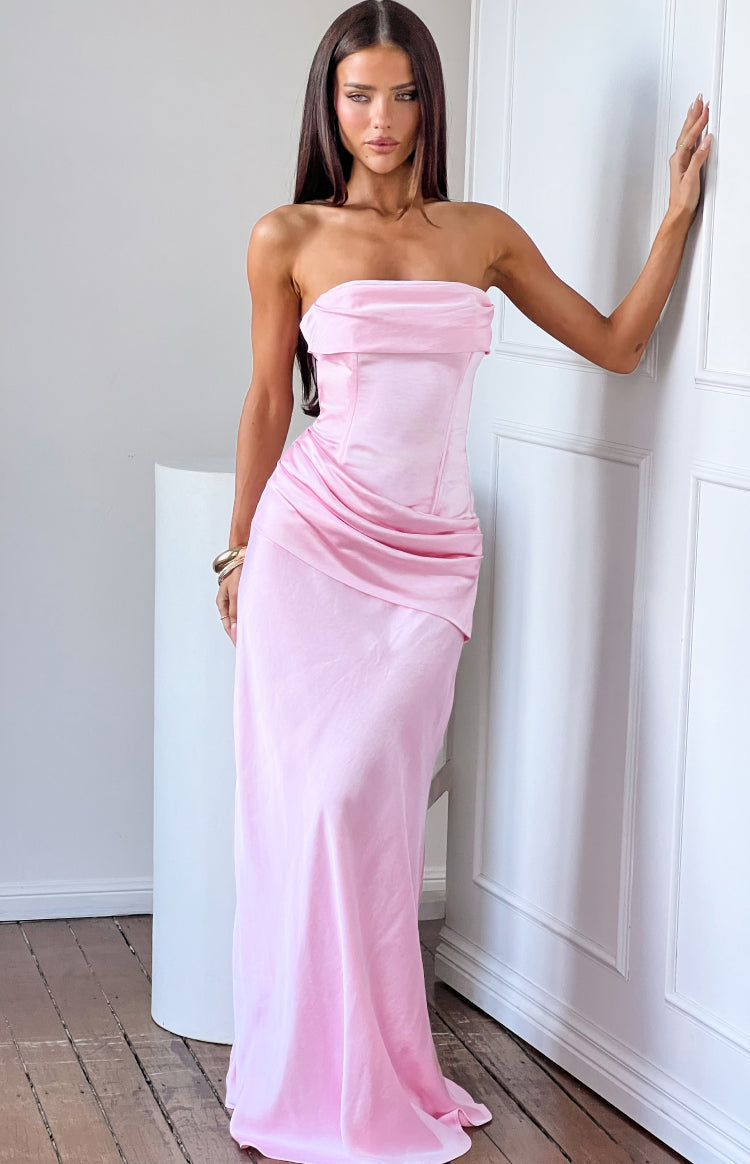 Malorie Pink Satin Strapless Maxi Dress — 1