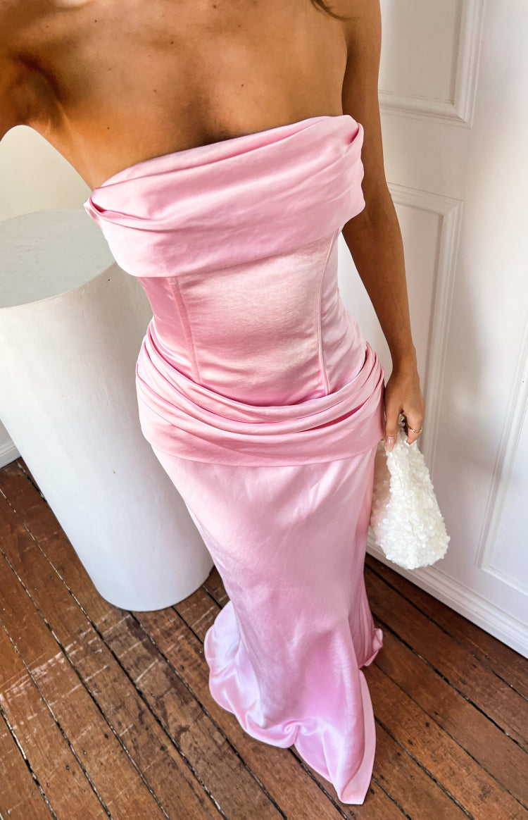Malorie Pink Satin Strapless Maxi Dress — 1