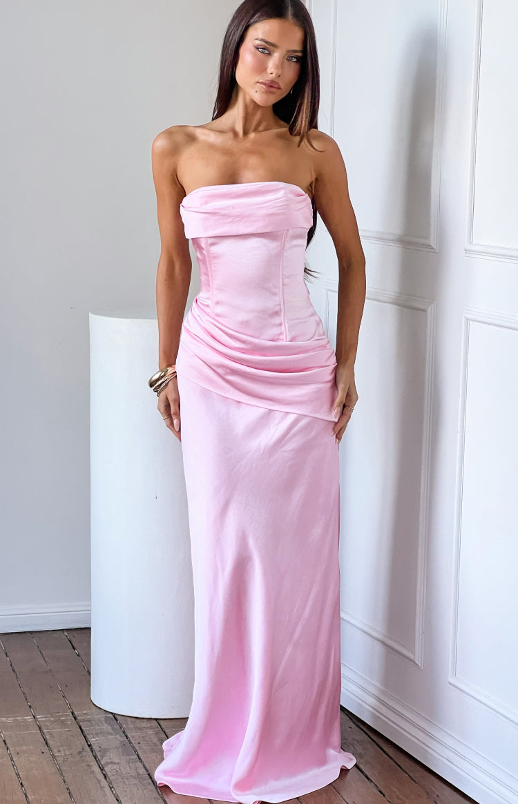 Malorie Pink Satin Strapless Maxi Dress — 4