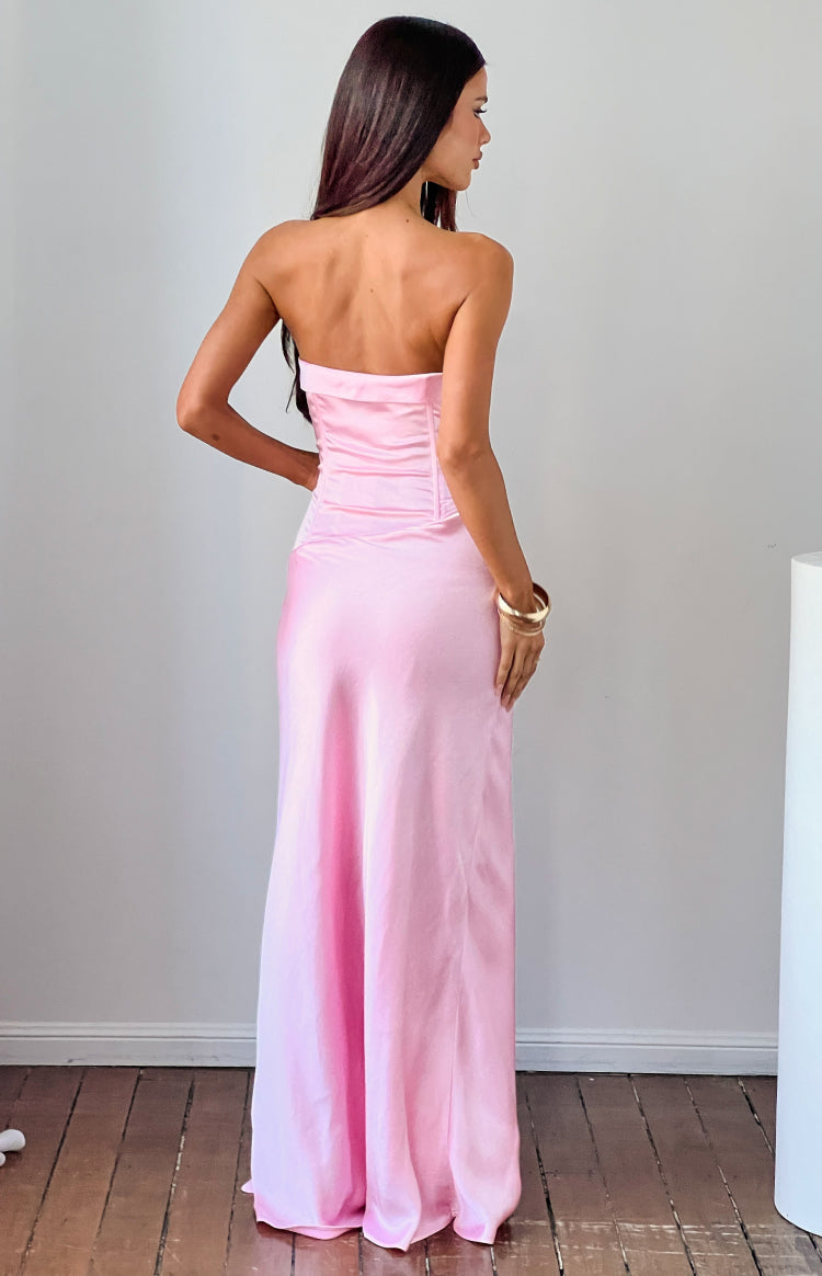 Malorie Pink Satin Strapless Maxi Dress — 5