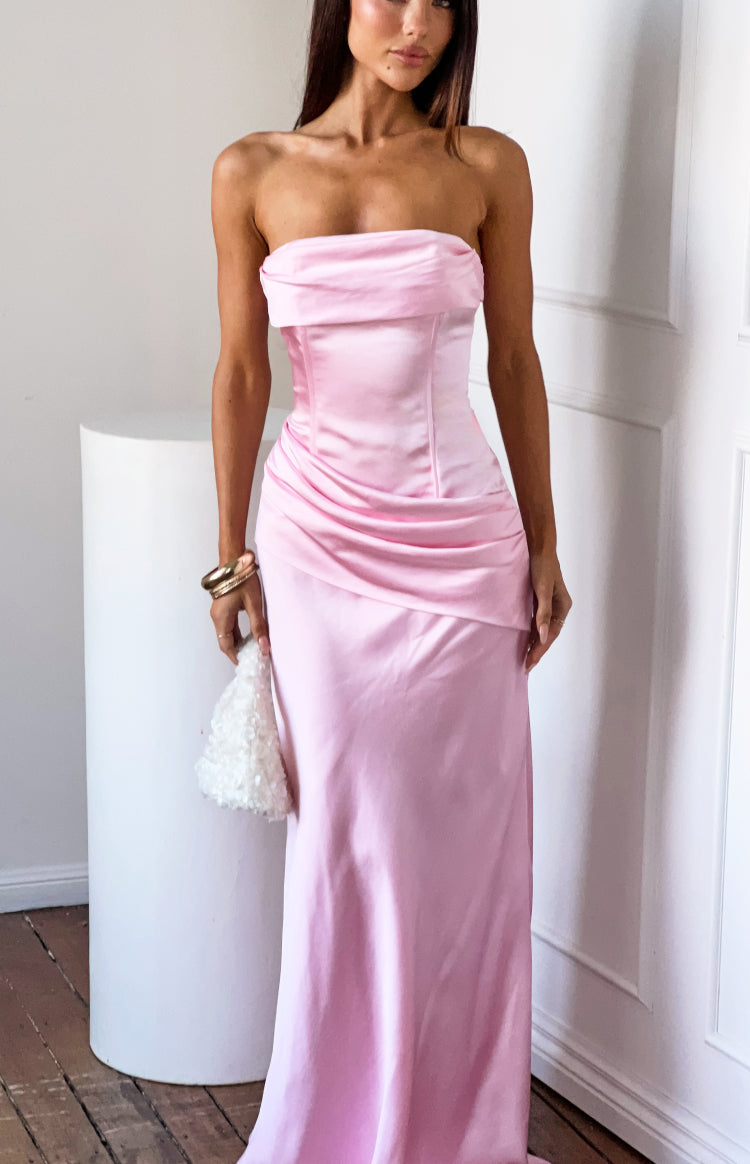 Malorie Pink Satin Strapless Maxi Dress — 6