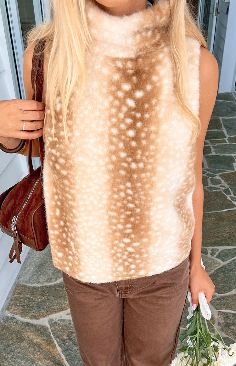 Isolde Brown Deer Print High Neck Fur Top — 3