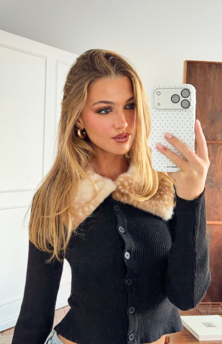 Lainey Black Fur Trim Collar Knit Cardigan — 1