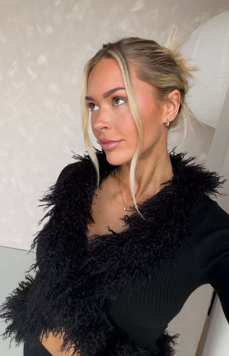 Violetta Black Fur Trim Knit Cardigan — 3