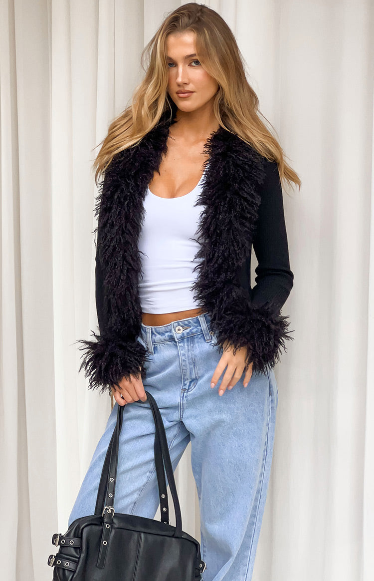 Violetta Black Fur Trim Knit Cardigan — 5