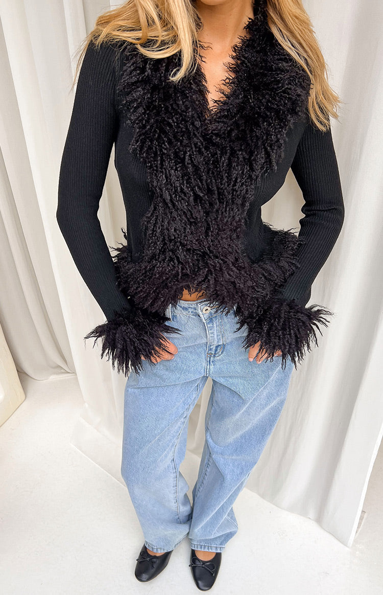 Violetta Black Fur Trim Knit Cardigan — 6