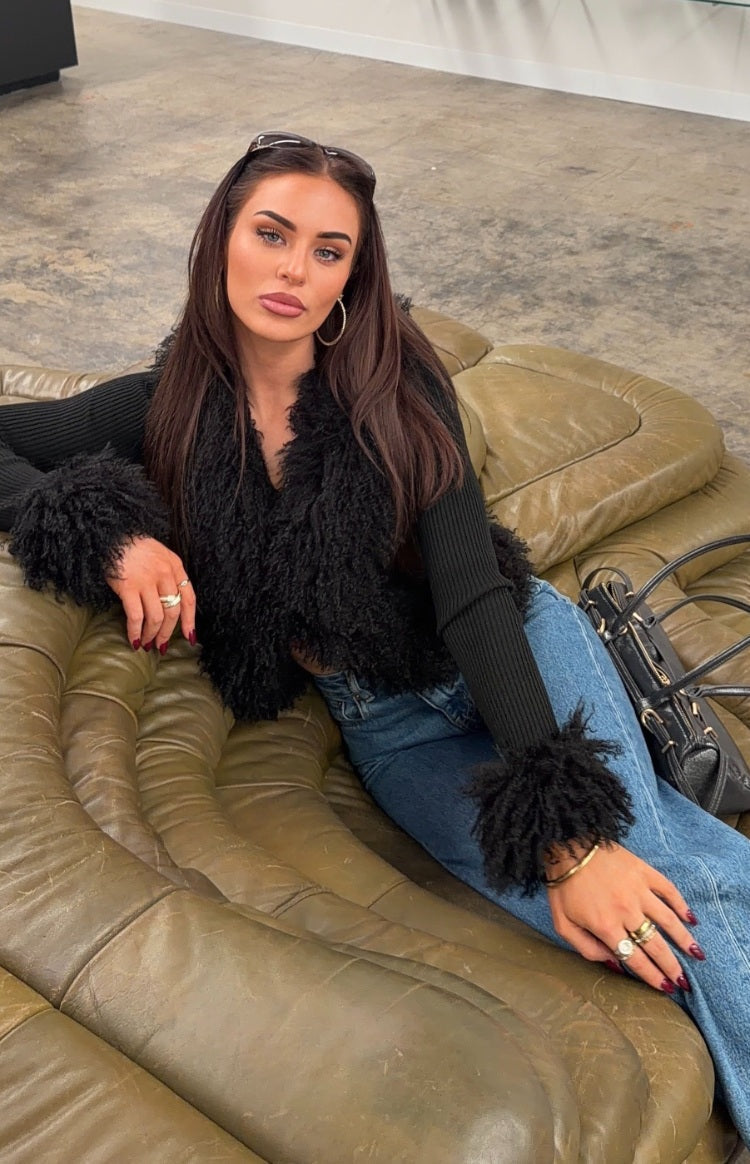 Violetta Black Fur Trim Knit Cardigan — 10