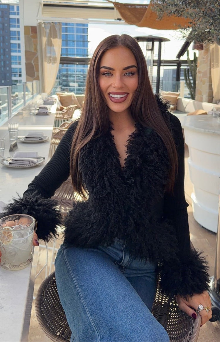 Violetta Black Fur Trim Knit Cardigan — 12