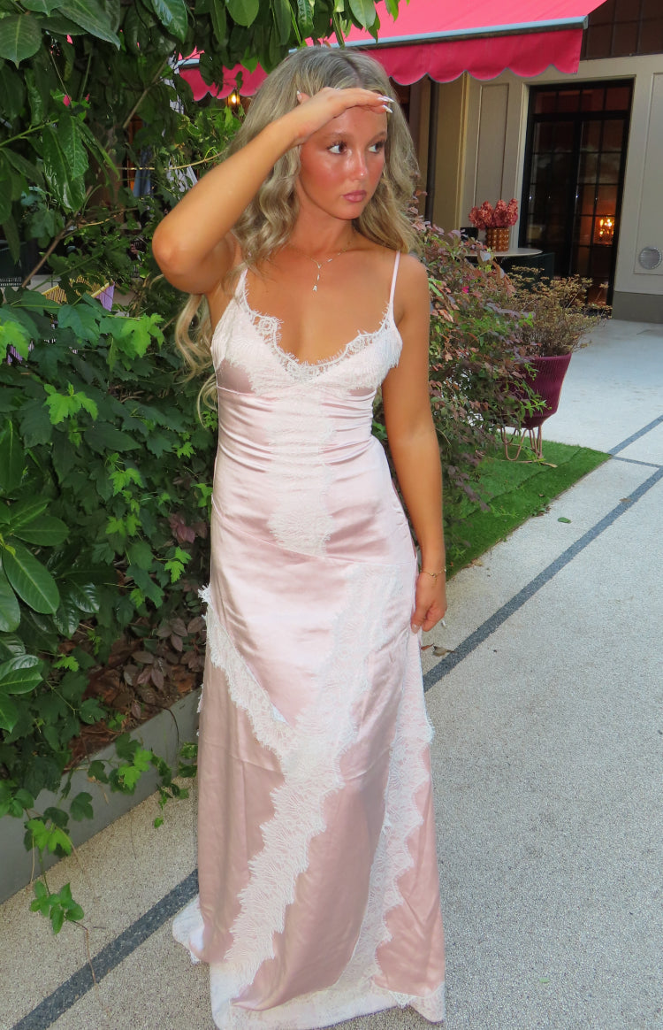 Shanae Pink Satin Lace Trim Maxi Dress — 12