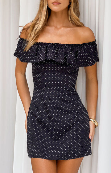 Haylie Black Polka Dot Off Shoulder Mini Dress — 1