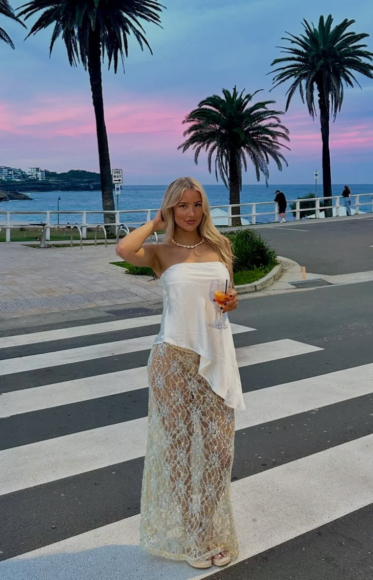 Ivette White Strapless Asymmetric Satin Top — 7