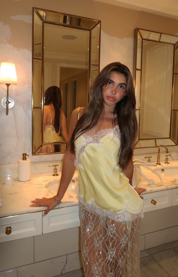 Sabella Pale Yellow Sequin Lace Maxi Skirt — 5