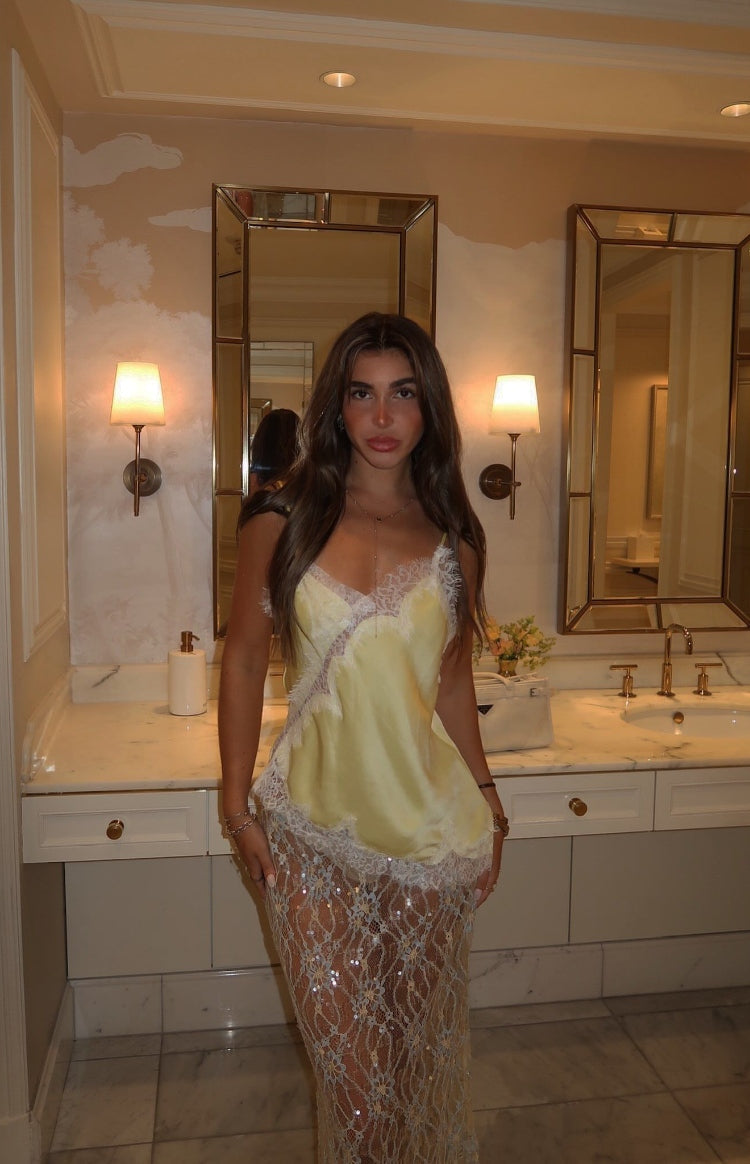 Sabella Pale Yellow Sequin Lace Maxi Skirt — 6
