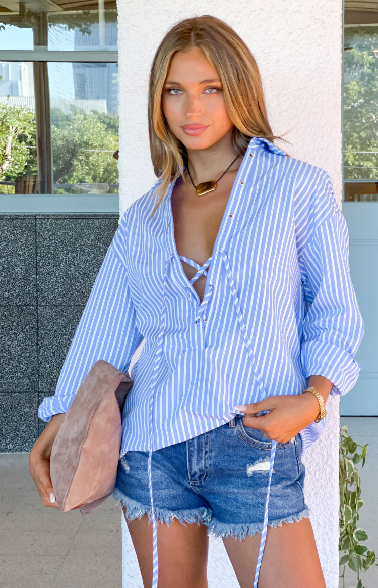 Jasper Blue Pinstripe Lace Up Shirt Dress — 1