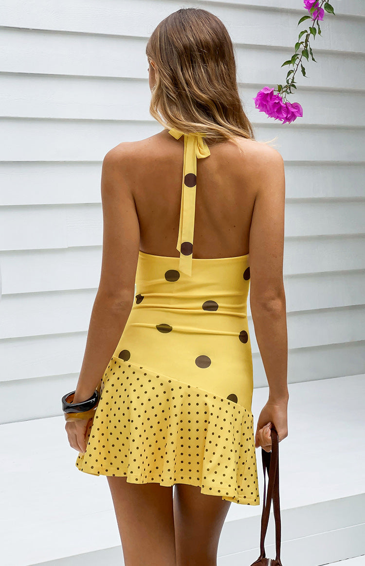 Billy Yellow Polka Dot Cowl Mesh Mini Dress — 11
