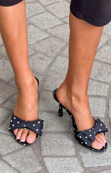 Eden Black Polka Dot Bow Front Heeled Mules — 1