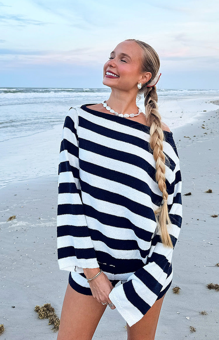 Willa Navy Stripe Off Shoulder Knit Sweater — 6