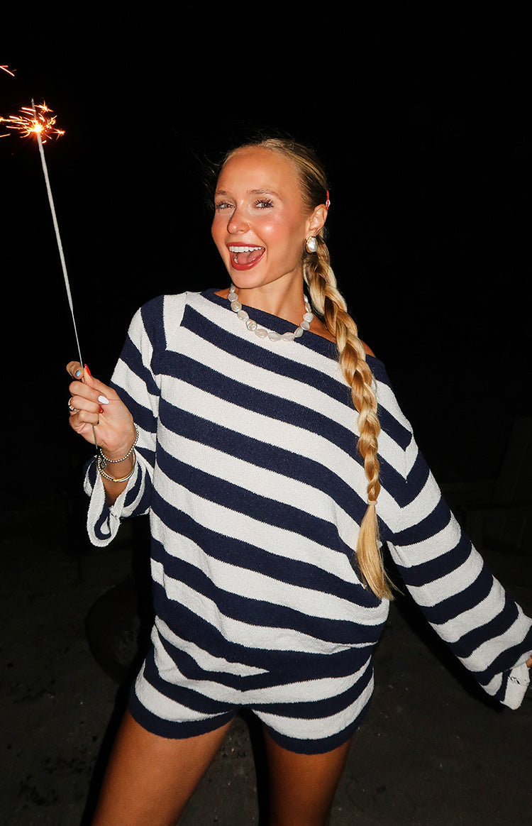 Willa Navy Stripe Off Shoulder Knit Sweater — 7