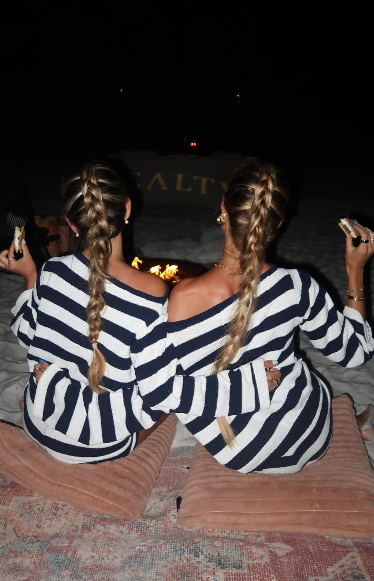 Willa Navy Stripe Off Shoulder Knit Sweater — 11