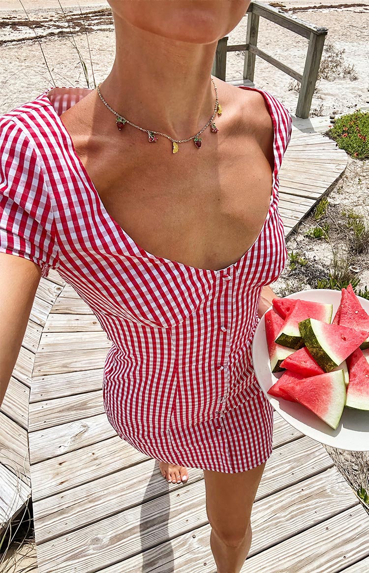 Lauree Red Gingham Button Front Mini Dress — 1