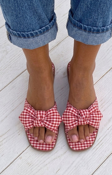 Ariel Red Check Bow Sandals — 1