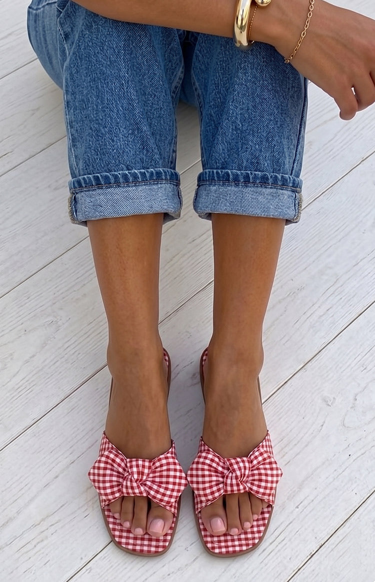 Ariel Red Check Bow Sandals — 1