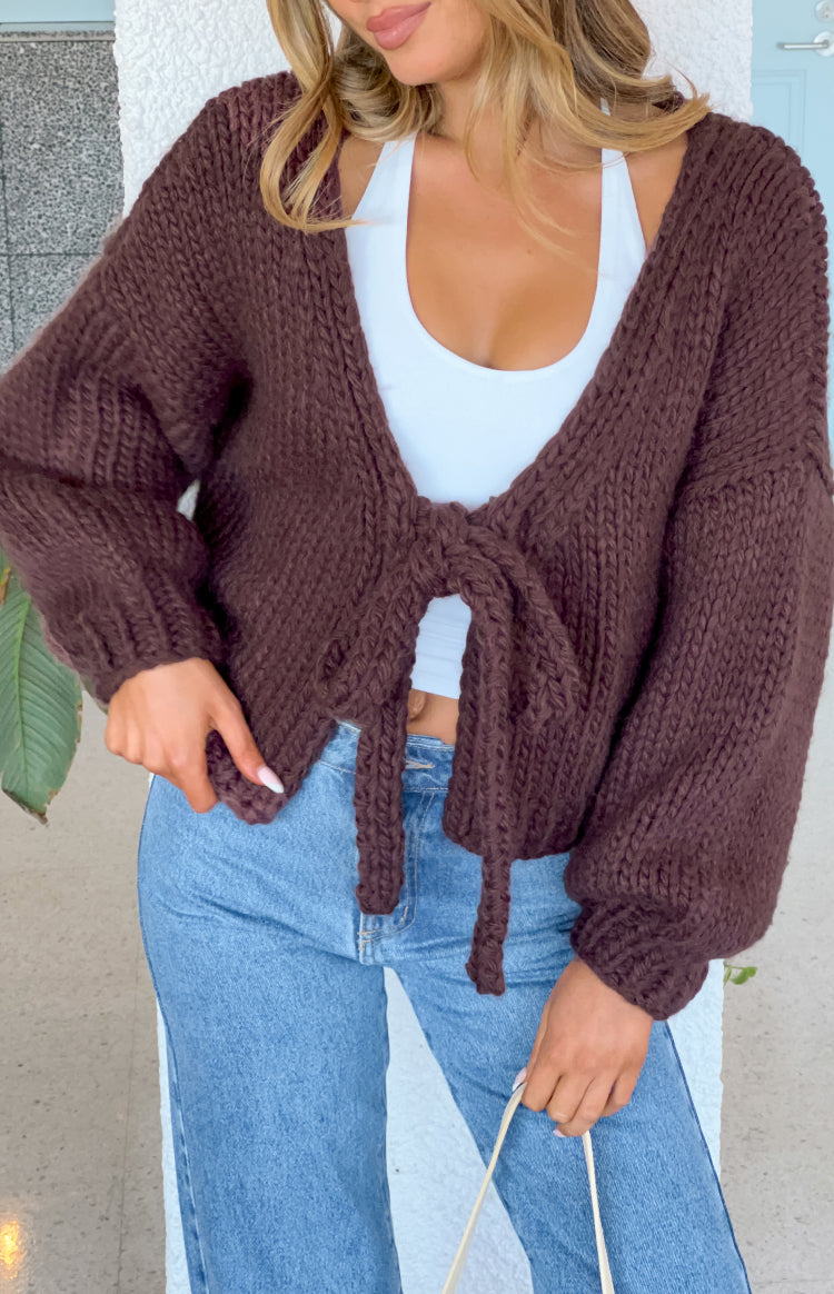 Holiday Chocolate Brown Tie Up Knit Cardigan — 2