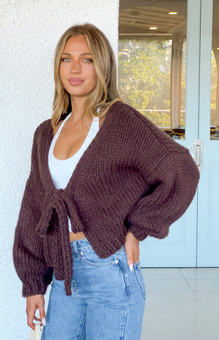 Holiday Chocolate Brown Tie Up Knit Cardigan — 11